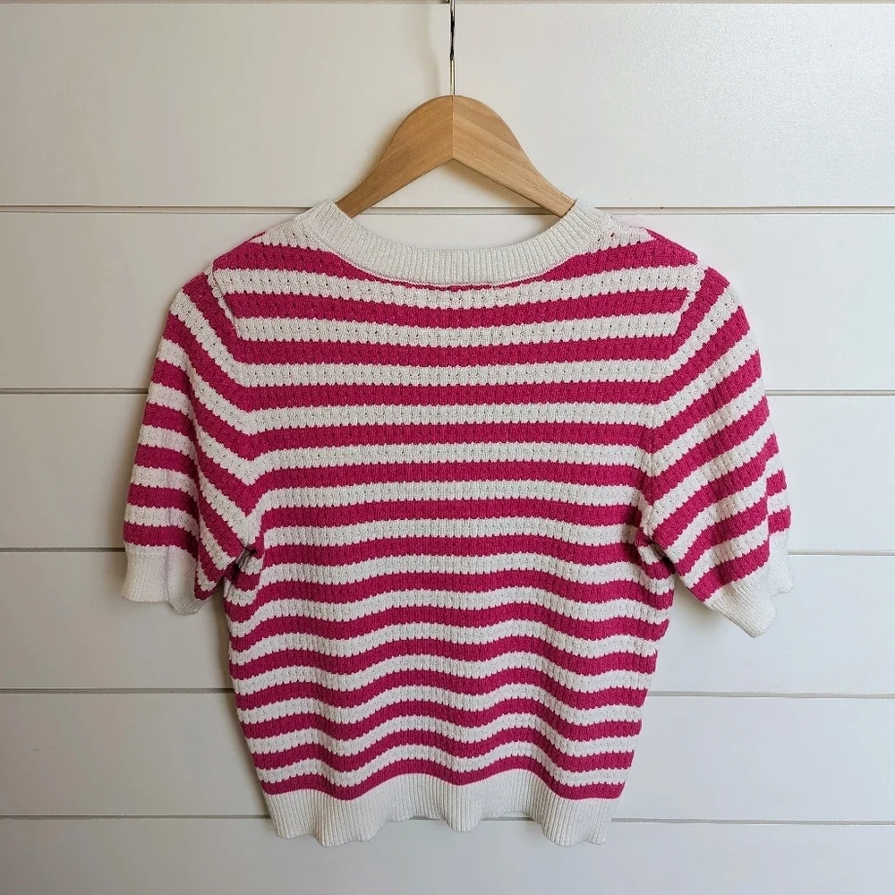 Open Stitch Short Sleeve Sweater Top Pink Stripe Large Skies Are Blue - Picture 5 of 5